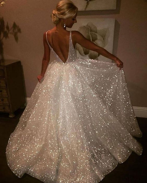 Deep V Neck White Sparkly Prom Dress ...